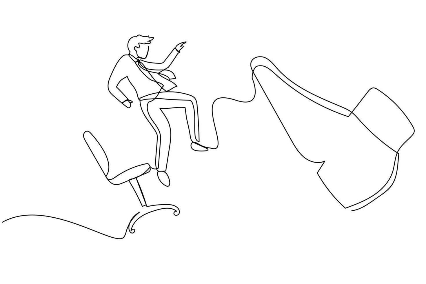 dibujo continuo de una línea pequeño empresario infeliz expulsado por un pie grande de la silla. empleado expulsado del trabajo. despido de personal. desempleo. ilustración gráfica de vector de diseño de línea única