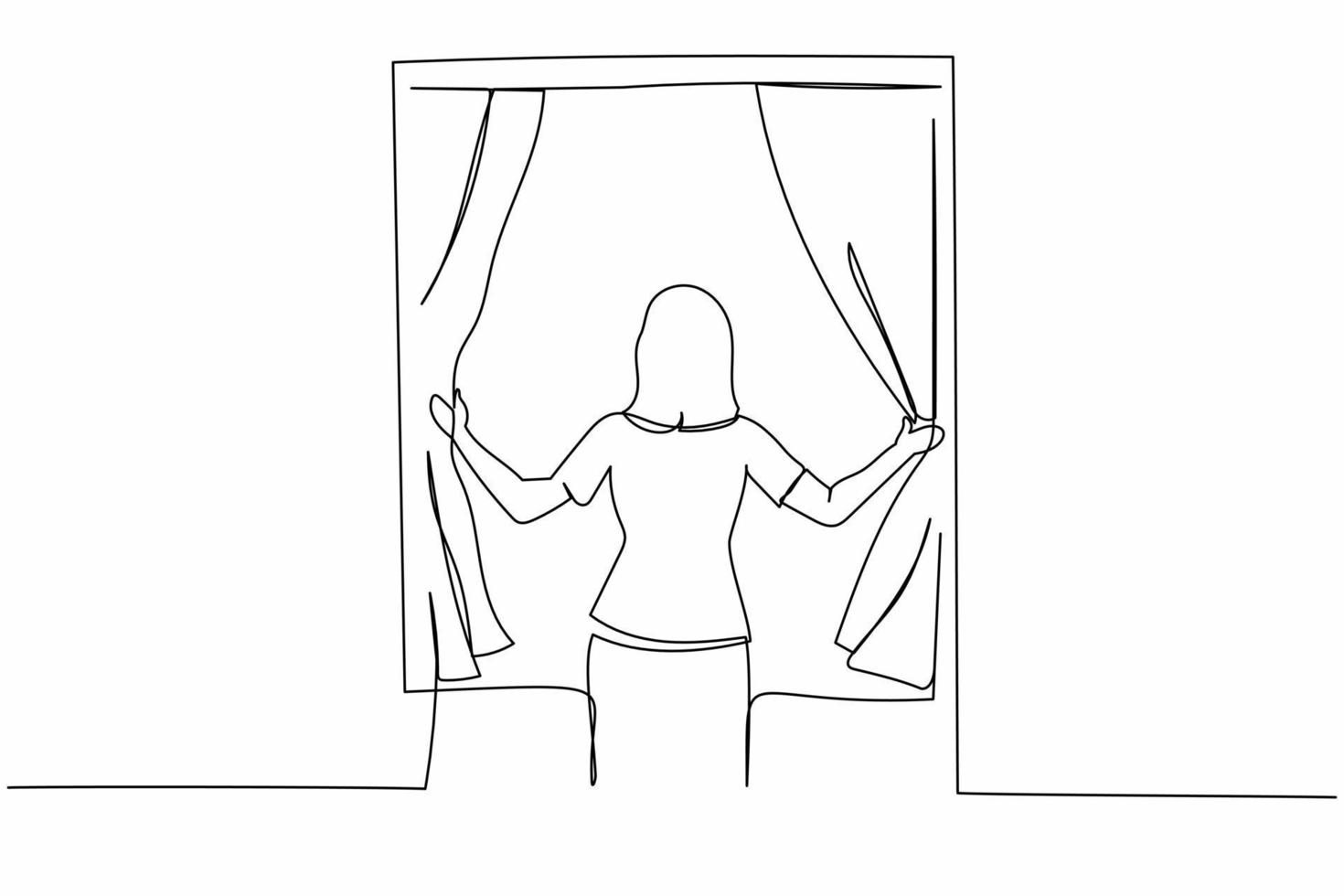 Single one line drawing back view of young woman standing and opening window curtains. Concept of person wake up in morning to get fresh air. Continuous line draw design graphic vector illustration