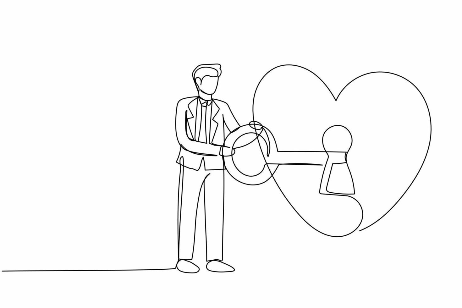 Single one line drawing businessman putting big key into heart. Young man try to unlock woman's heart. Metaphor love or marriage concept. Modern continuous line draw design graphic vector illustration