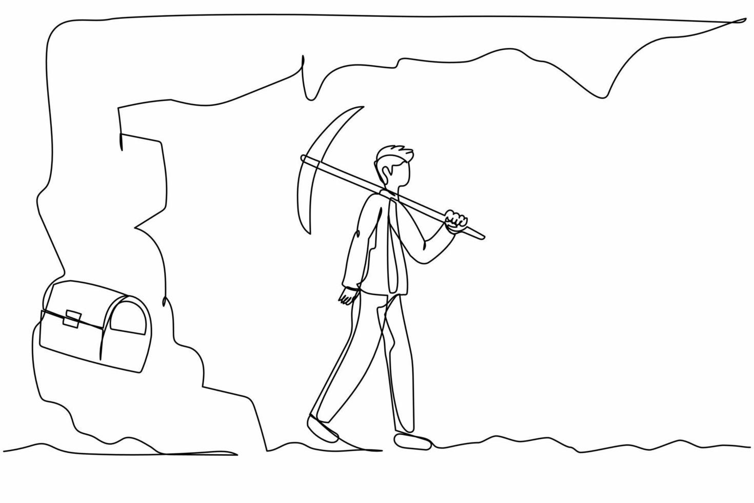 Single continuous line drawing businessman give up digging cave, treasure box almost revealed. Weak professionalism failure. Electronic technology industry. One line draw design vector illustration