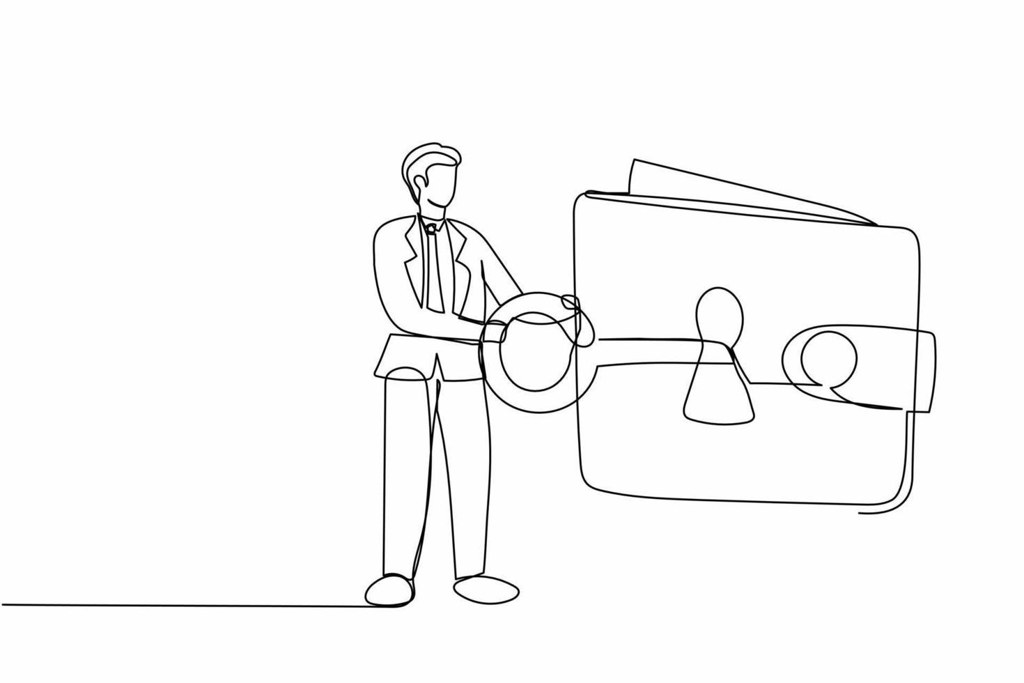 Single one line drawing protective businessman close on key huge wallet. Money wallet with security system. Money protection financial security. Continuous line draw design graphic vector illustration