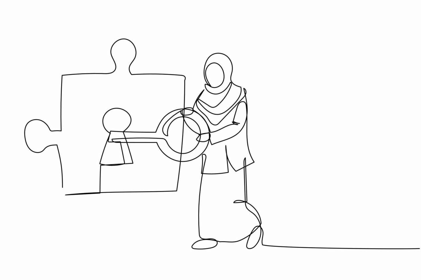 Single one line drawing Arab businesswoman put key into puzzle piece. Partnership or cooperation in business project. Teamwork solving complicated task. Continuous line draw design vector illustration