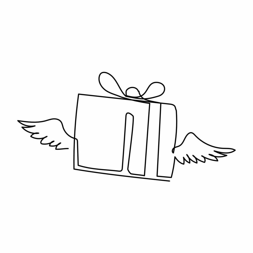 Single one line drawing flying gift box with wings. Winged surprise box with red bow and ribbon. Flying present. Delivery package icon. Modern continuous line draw design graphic vector illustration
