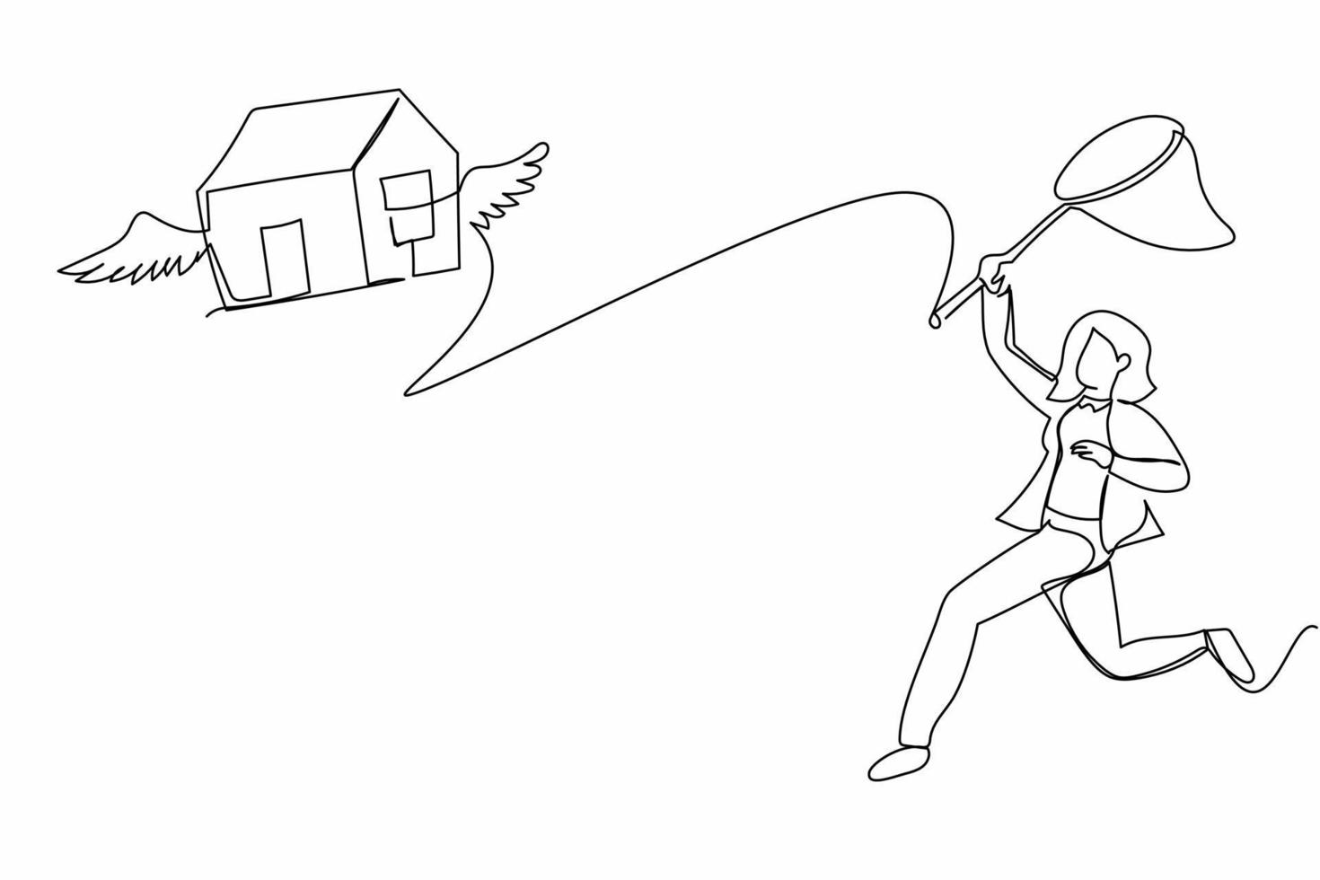 una mujer de negocios de dibujo de una sola línea intenta atrapar una casa voladora con una red de mariposas. vector