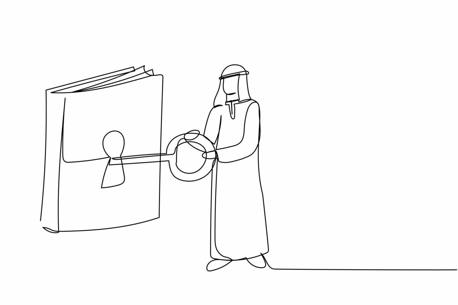 un solo hombre de negocios árabe dibujando una línea poniendo una gran llave en el libro. el gerente ejecutivo inteligente desbloquea el libro de texto, el conocimiento. biblioteca. clave para la nueva información. ilustración de vector de diseño de dibujo de línea continua
