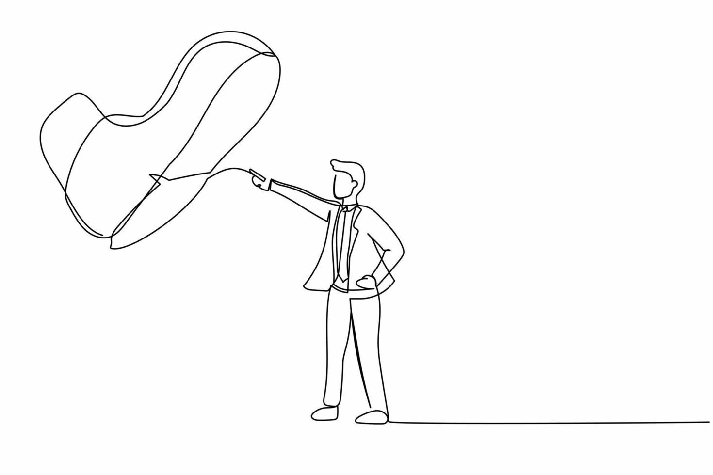 Single one line drawing young businessman facing against giant shoes stomping. Male manager pointing against giant foot step. Minimal metaphor. Continuous line draw design graphic vector illustration