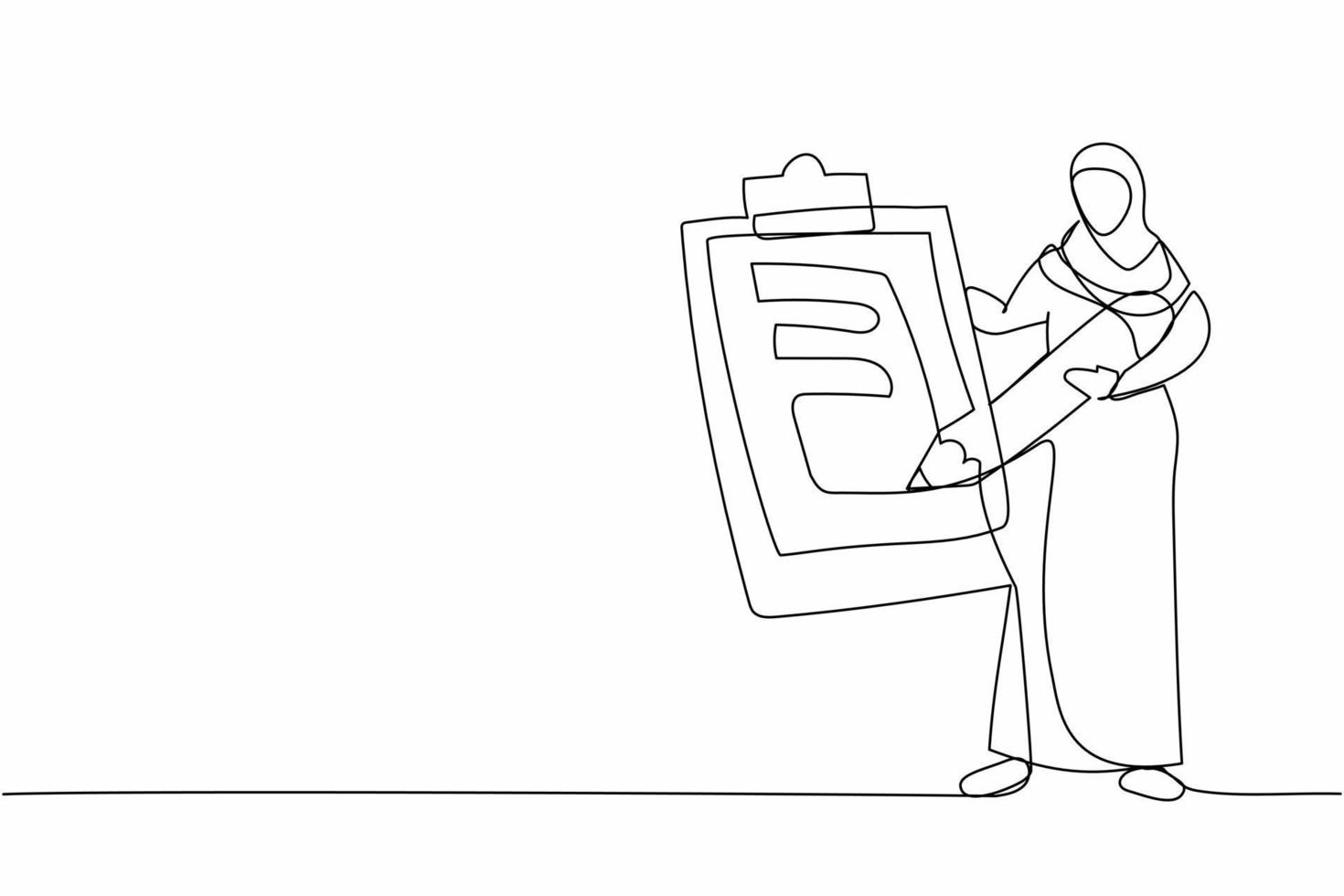 Single one line drawing Arab businesswoman holding clipboard. Successfully completed checklist. Fulfilled tasks. Completed job. Business plan finished. Continuous line draw design vector illustration