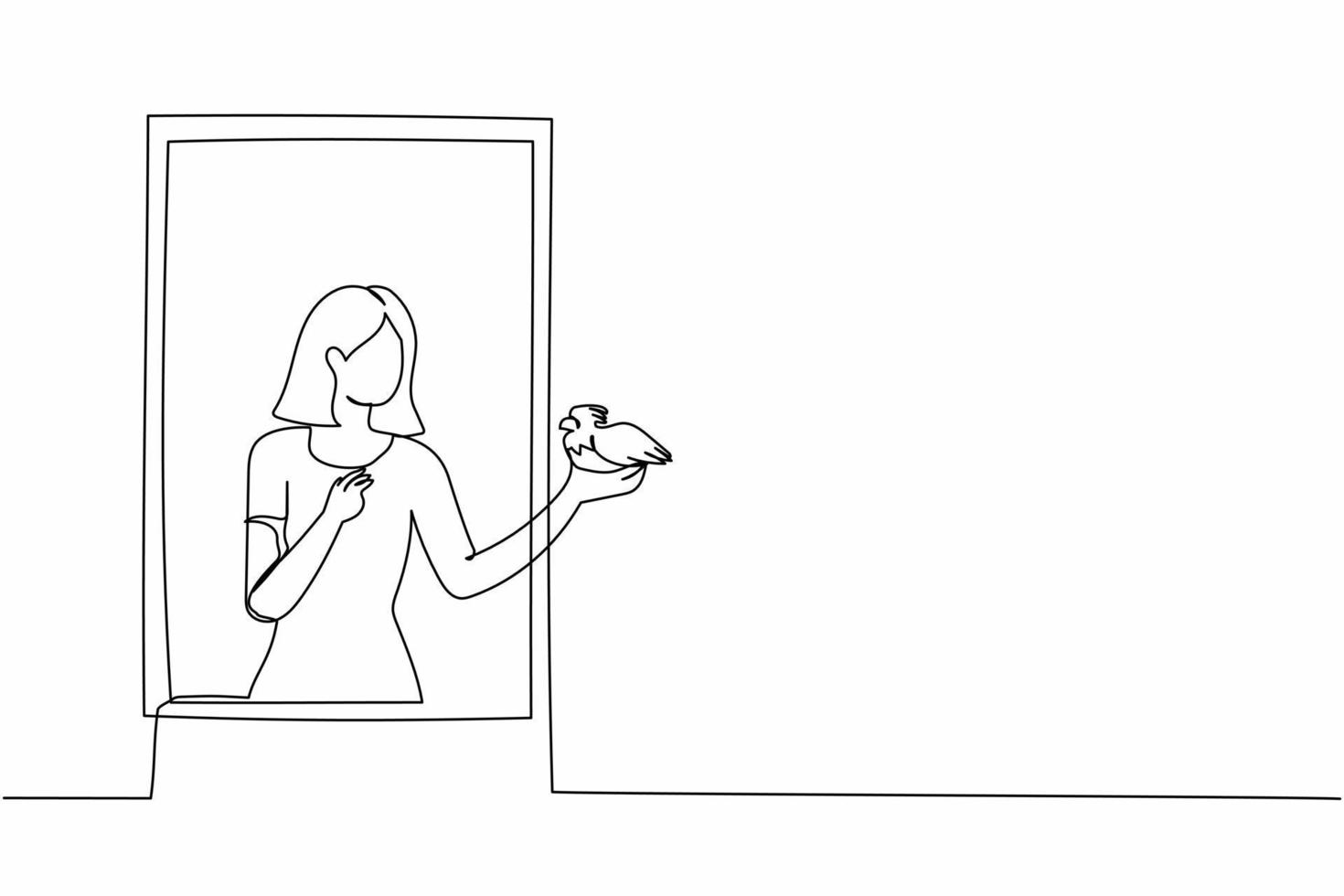 Single continuous line drawing young woman standing on windowsill with bird in arm. Happy female on balcony with her pet. Open window to get fresh air. One line draw graphic design vector illustration