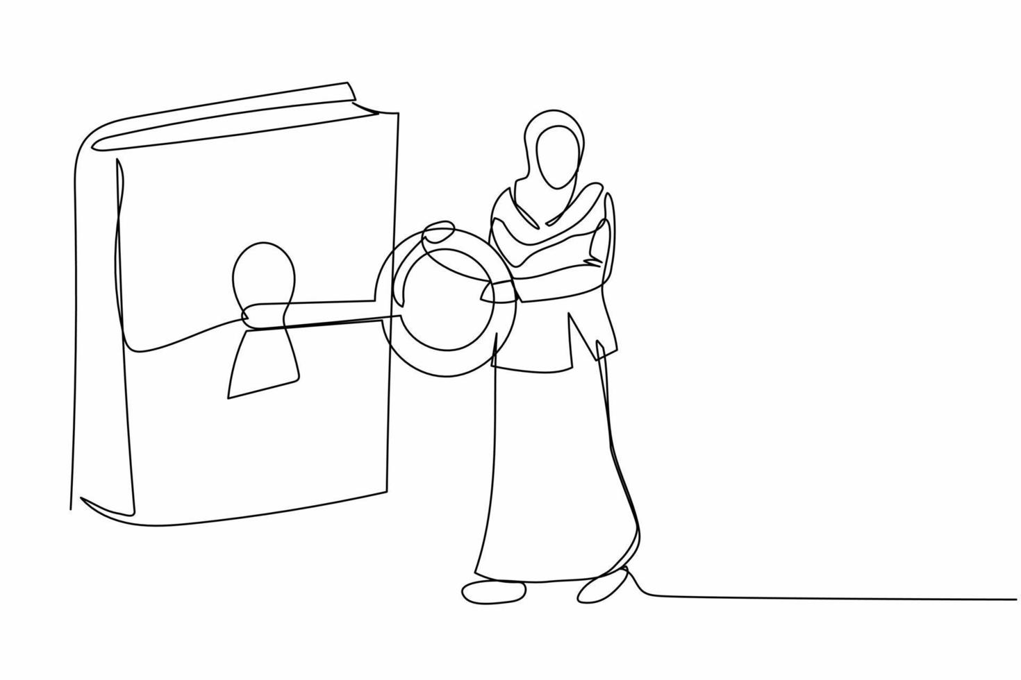 Single one line drawing Arabian businesswoman put key into book. Unlock information for public. Office manager open book. Library. Key of knowledge. Continuous line design graphic vector illustration