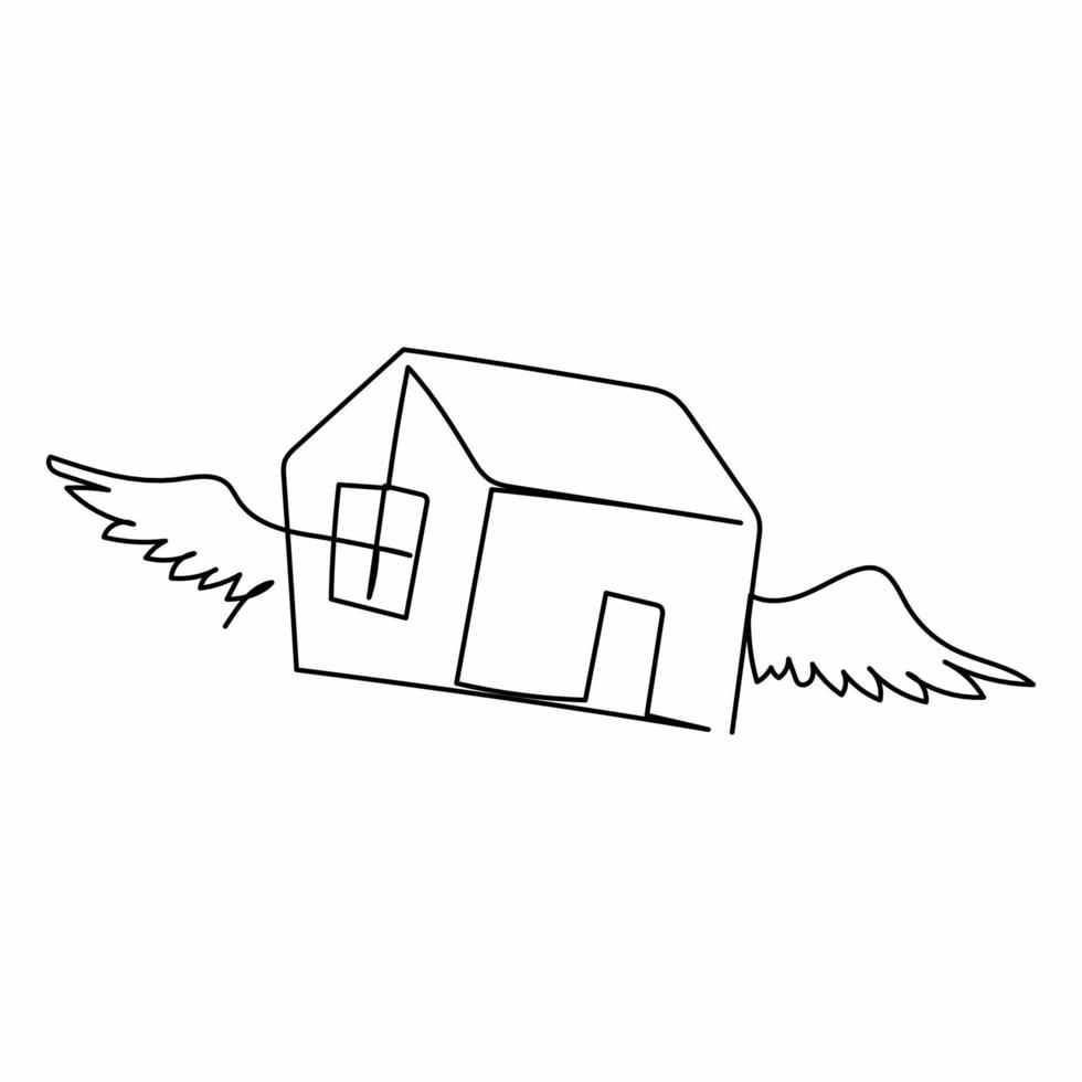Single one line drawing flying house logo with wings. House of wings in weightlessness. Flying dream and hope. Flying high for property company. Continuous line draw design graphic vector illustration