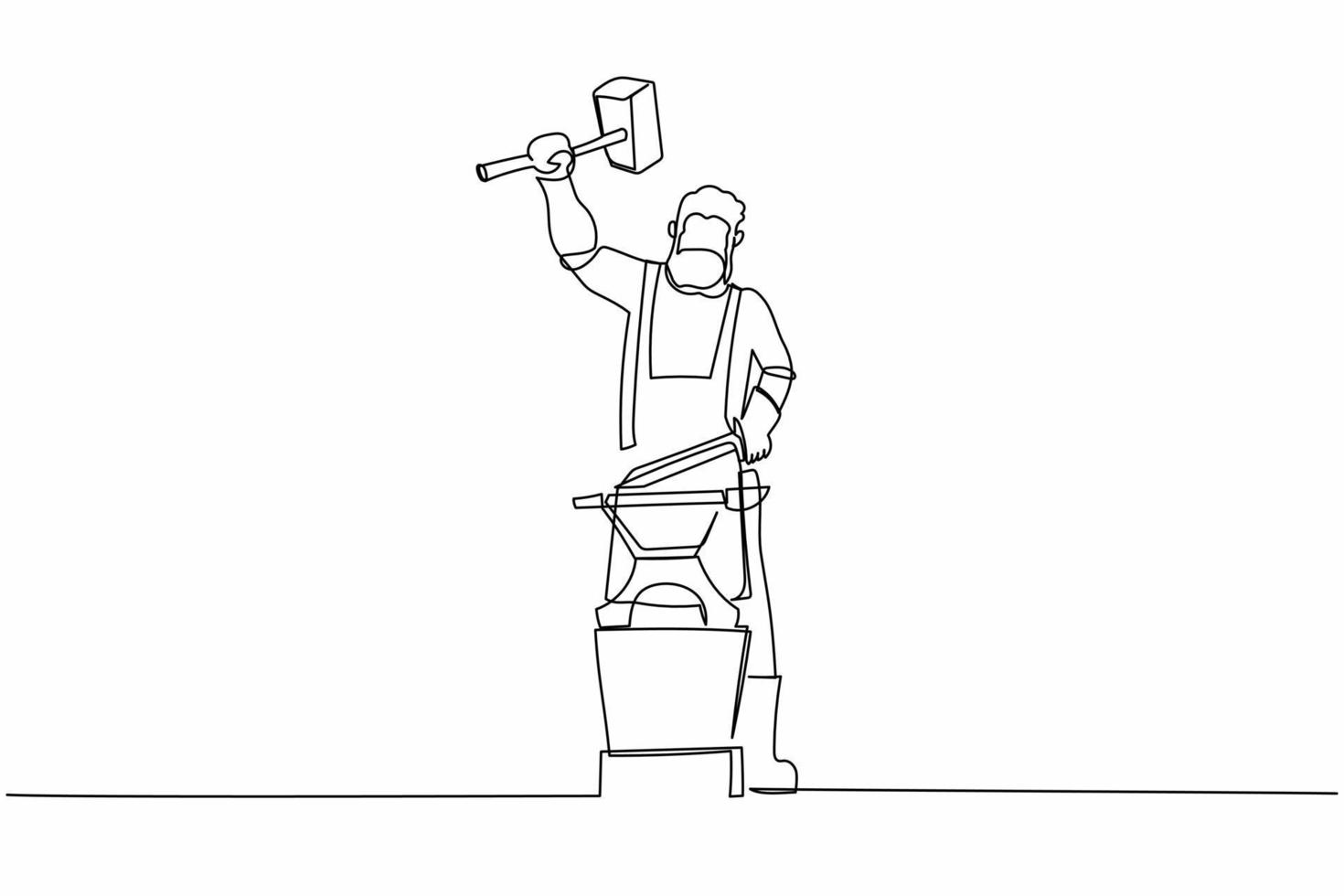 Continuous one line drawing bearded blacksmith forges small sword on the anvil. Young man blacksmith in apron standing working hard with hot iron. Single line draw design vector graphic illustration