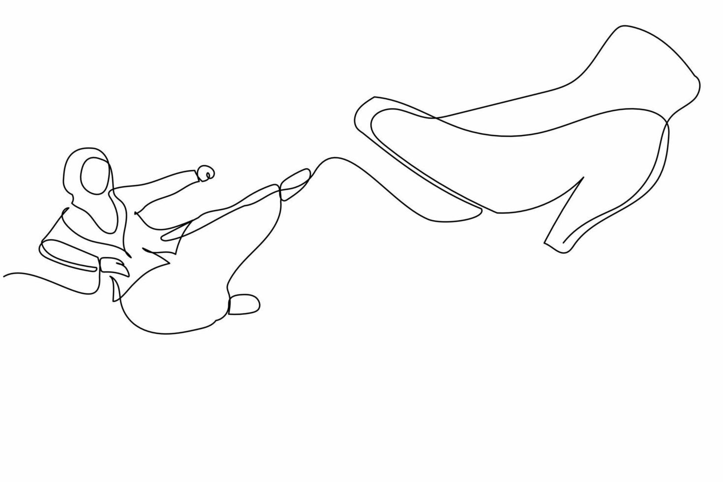 Single one line drawing active Arab businesswoman kick giant foot stomp. Female employee doing flying kick to big high heels. Minimal metaphor. Continuous line draw design graphic vector illustration