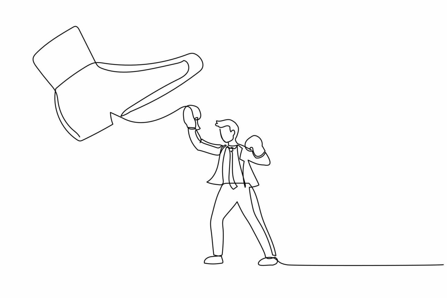 Continuous one line drawing brave businessman punching uppercut under big foot stomp. Male employee against dictatorial boss. Minimalist metaphor. Single line draw design vector graphic illustration