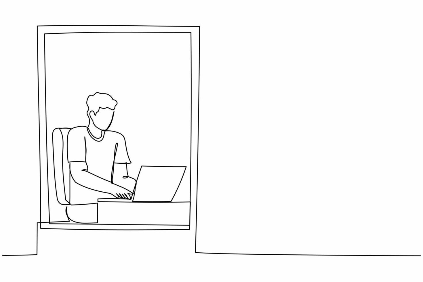 Single continuous line drawing man working from home near window. Businessman sitting at desk and using laptop. Project management. Remote work or home office. One line draw design vector illustration