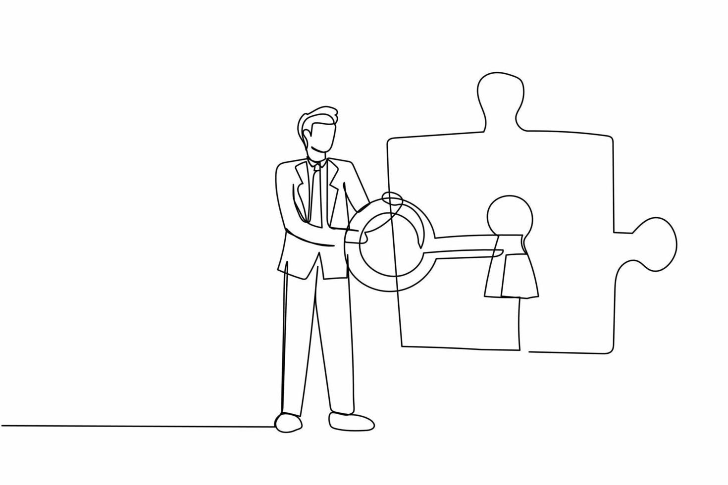 Single continuous line drawing businessman putting big key into puzzle piece. Completing project metaphor. Teamwork solving complicated tasks. Partnership. One line graphic design vector illustration