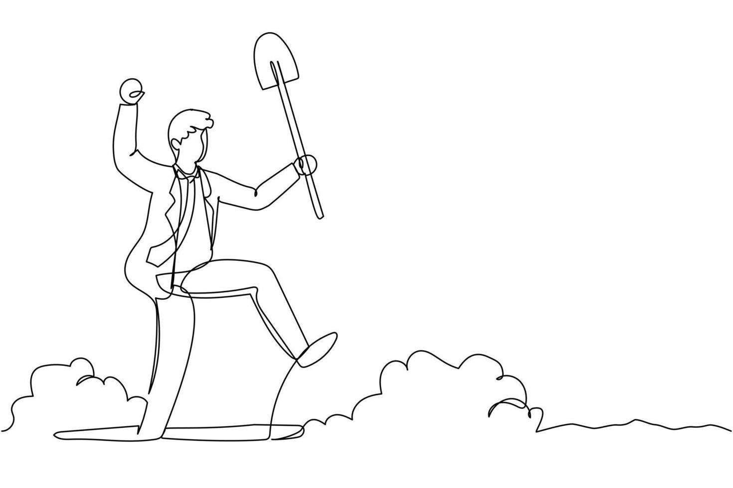 Single one line drawing excited businessman standing and holding shovel on dug ground. Happy office worker find treasures in dirt. Successful business. Continuous line draw design vector illustration