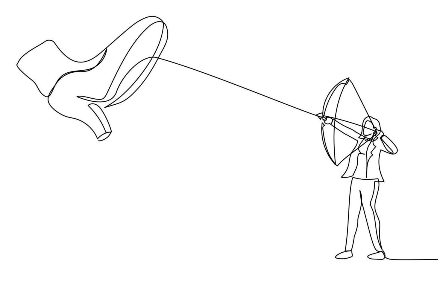 dibujo continuo de una línea valiente mujer de negocios apuntando arco contra zapatos gigantes pisando fuerte. arquería femenina contra paso de pie gigante. metáfora minimalista. ilustración gráfica de vector de diseño de línea única