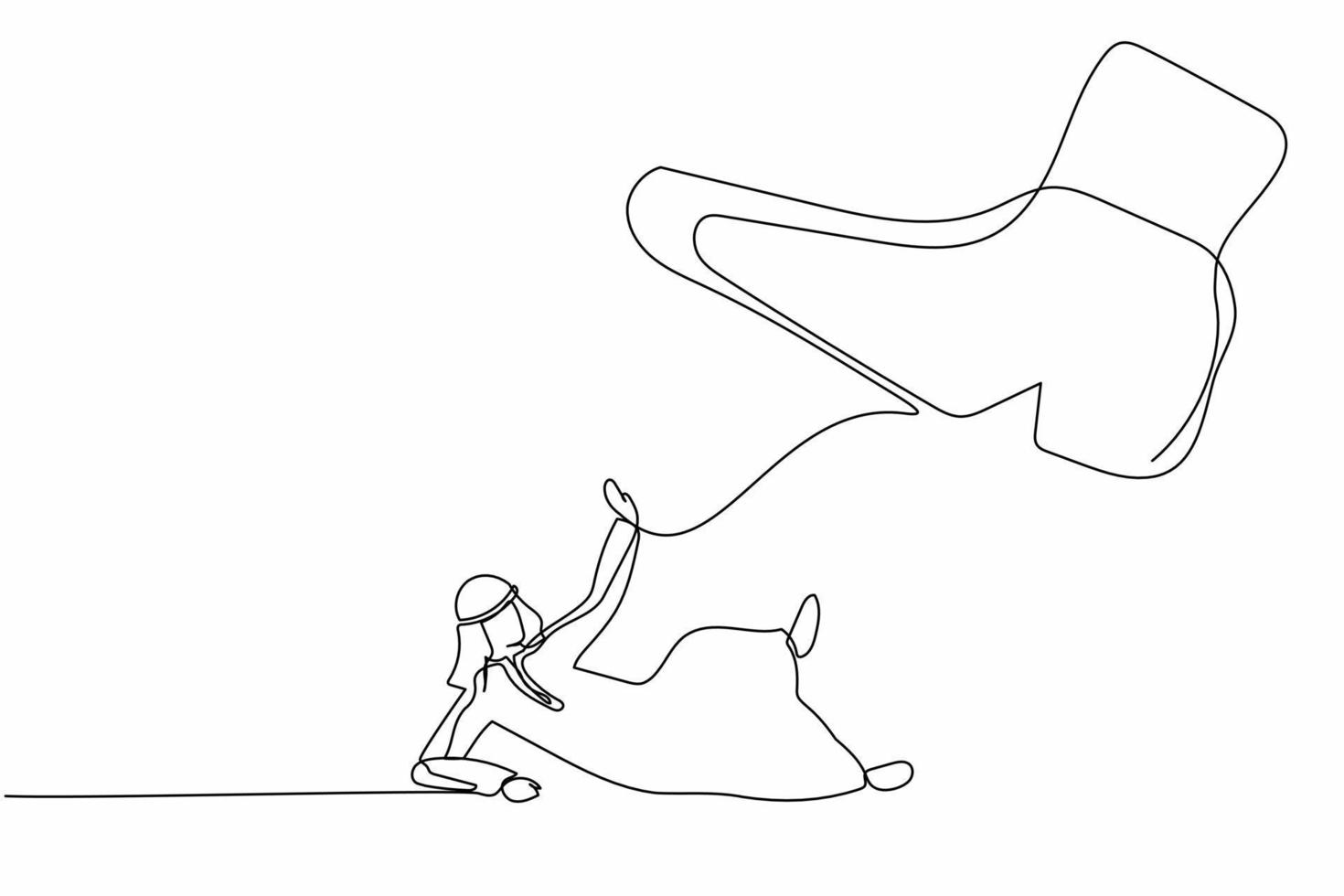 Single continuous line drawing small Arabic businessman under the giant foot. Big boss foot in the shoe going to crush manager. Minimalism metaphor concept. One line graphic design vector illustration