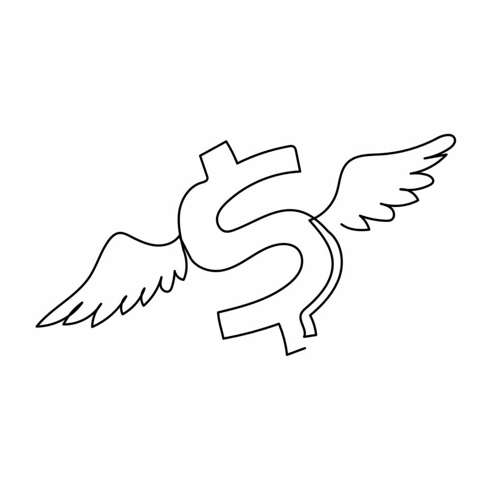 Single one line drawing flying American dollar symbol with wings. Symbolizing the rise of the dollar in market. Dollar symbol and wings. Modern continuous line draw design graphic vector illustration