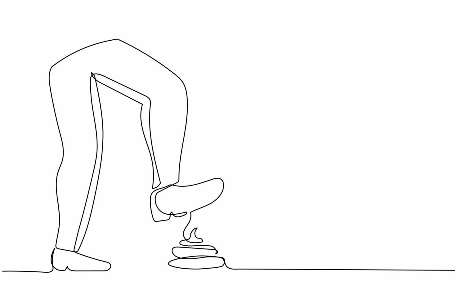Single continuous line drawing businessman stepped on a pile of dog poop. Shit stuck to the shoe sole. Shit happens, failed project. Business metaphor. One line draw graphic design vector illustration