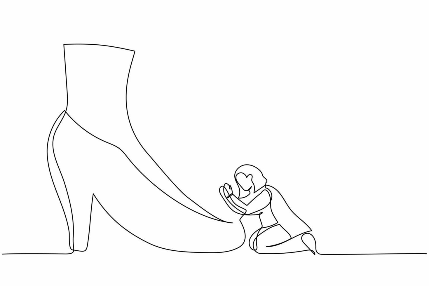 Continuous one line drawing businesswoman kneeling a giant foot or shoe. Female manager apologize to executive director. Minimal metaphor concept. Single line draw design vector graphic illustration