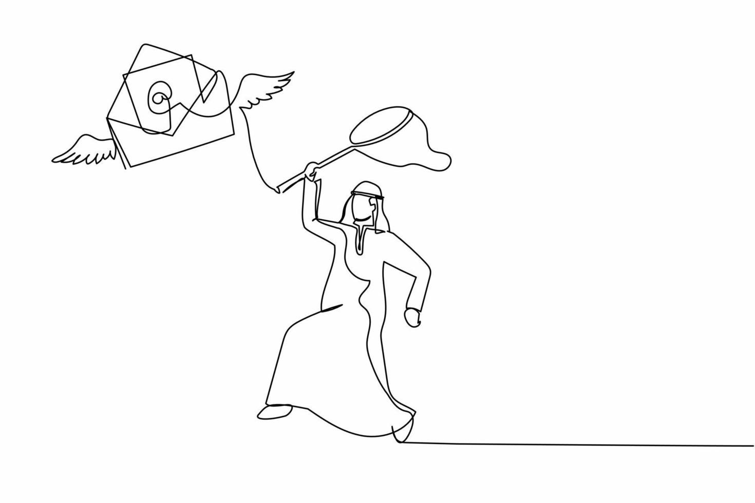 Un hombre de negocios árabe de dibujo continuo intenta atrapar el correo volador con una red de mariposas. Falta papel o carta importante. metáfora empresarial. ilustración gráfica de vector de diseño de dibujo de una sola línea