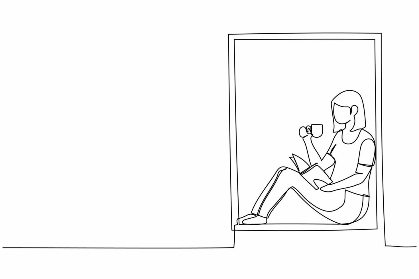 Continuous one line drawing woman on windowsill reading book with cup of hot coffee or tea. Enjoy atmosphere of day in window of room. Stay at home. Single line draw design vector graphic illustration