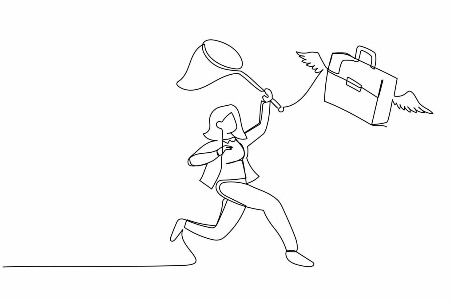 Single continuous line drawing businesswoman try to catching flying briefcase with butterfly net. Career path stalled due to the company's financial crisis. One line graphic design vector illustration