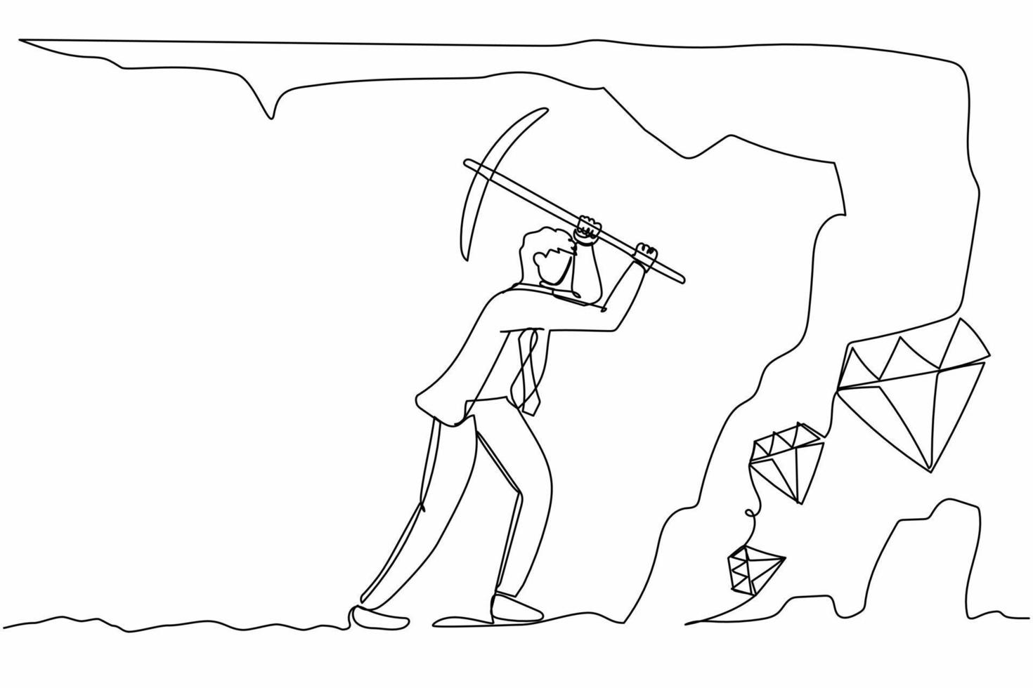 un solo dibujo de una línea hombre de negocios activo cavando con pico para obtener diamantes. trabajador excavando y extrayendo diamantes en un túnel subterráneo. ilustración de vector gráfico de diseño de dibujo de línea continua