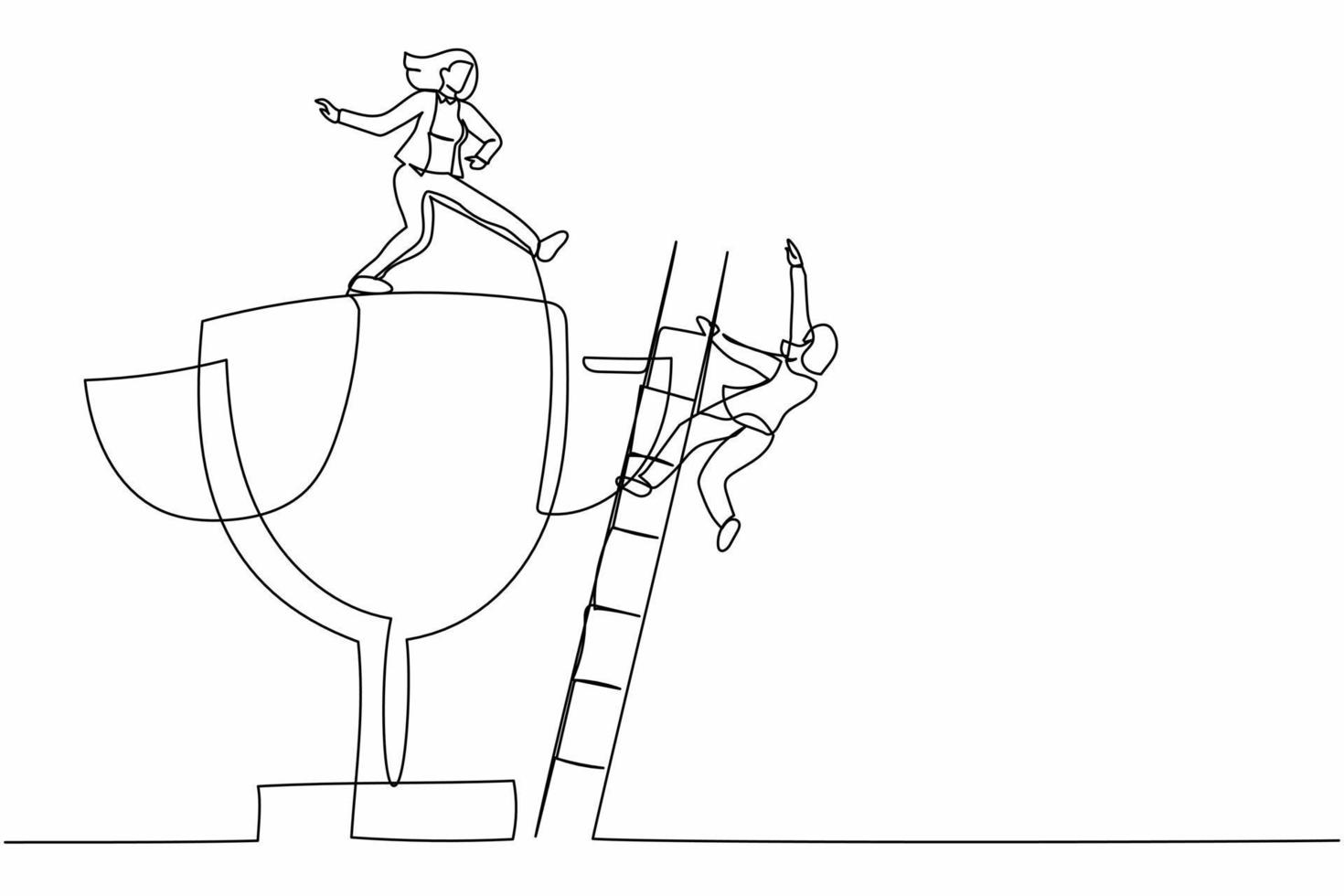 Single continuous line drawing businesswoman kicking to make her rival falling down from the top ladder trophy of success. Cheating competitor or partner. One line graphic design vector illustration