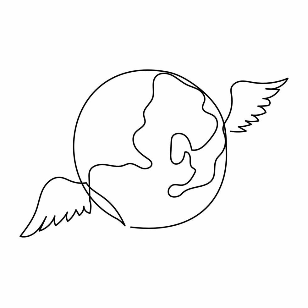 Single continuous line drawing flying globe with wings. World travel wings and globe emblem logo. Inspiration and encouragement concept. Dynamic one line draw graphic design vector illustration