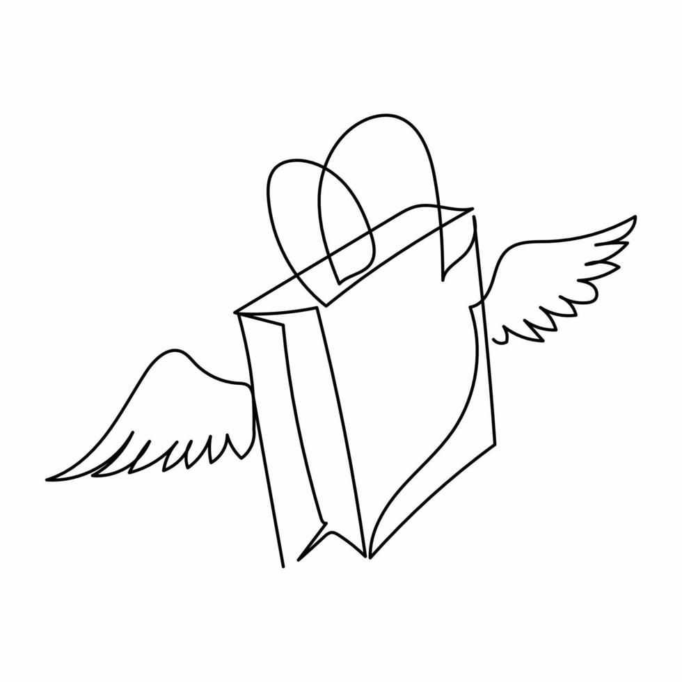 Continuous one line drawing flying shopping paper bag with wings. Delivery logo symbol, cargo shipping dropship. Online shop store service mascot. Single line draw design vector graphic illustration