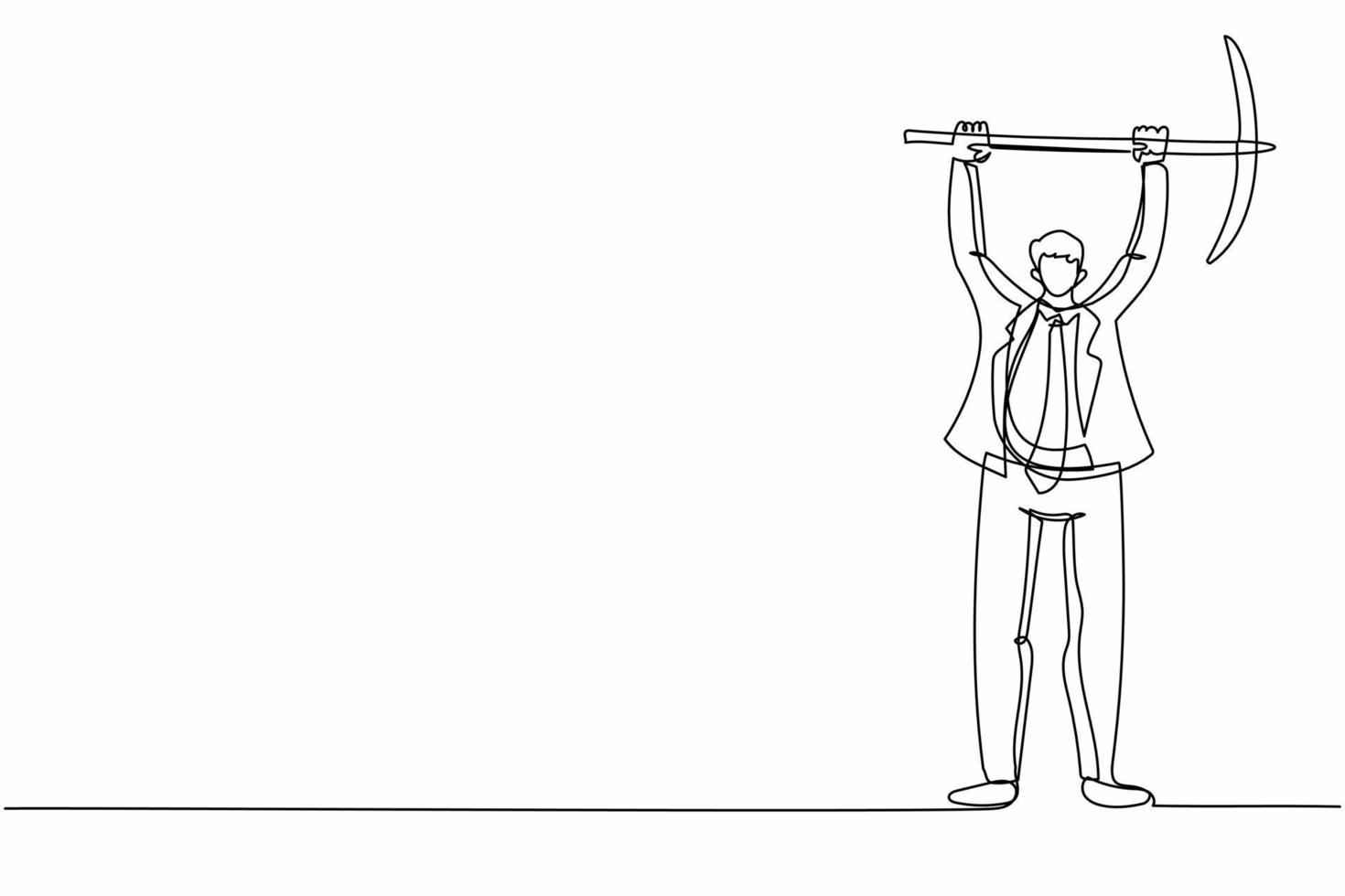 Single continuous line drawing young businessman standing and lifting big pickaxe. Depicts hard work, success, achievement, discovery. Success concept. One line draw graphic design vector illustration