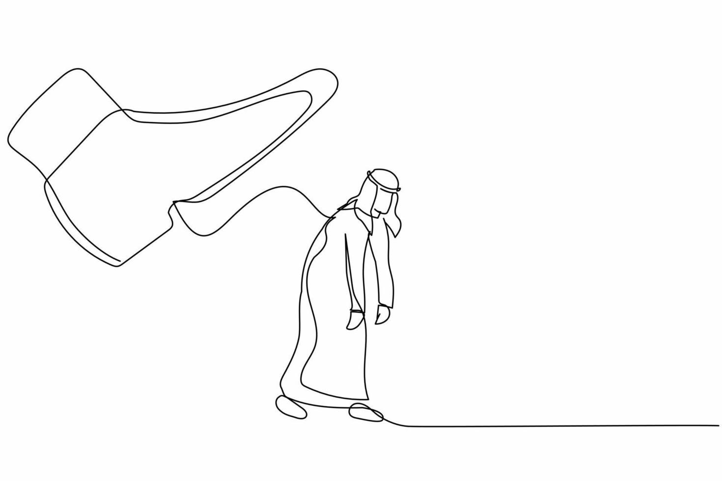 Single one line drawing sad Arabian businessman going away with huge boot shoe kicking him out. Male manager being fired and kicked out concept. Continuous line draw design graphic vector illustration