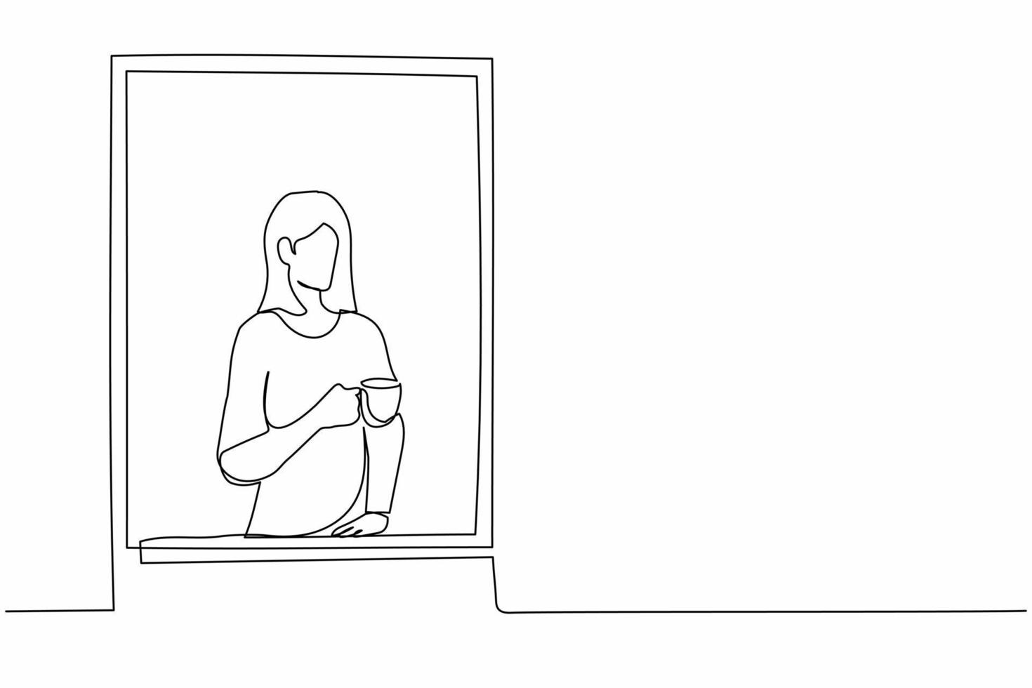 dibujo de una sola línea continua mujer joven disfruta de café o té caliente. mujer sosteniendo una taza y mirando afuera a través de la ventana mientras está sentada en el alféizar de la ventana. ilustración de vector de diseño gráfico de dibujo de una línea