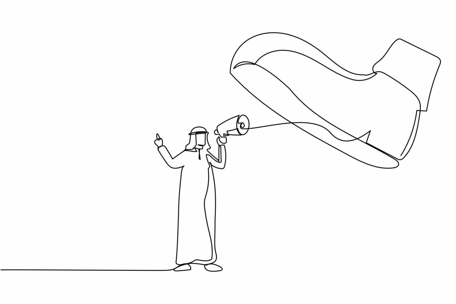 Single continuous line drawing active Arab businessman speaking with megaphone under giant shoe. Boot stepping on businessperson. Minimalism metaphor. One line draw graphic design vector illustration
