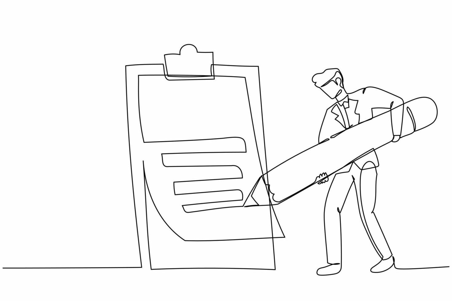 Single one line drawing attractive businessman mark checklist with pencil. Person completion business task. Goal achievements planning schedule. Continuous line draw design graphic vector illustration