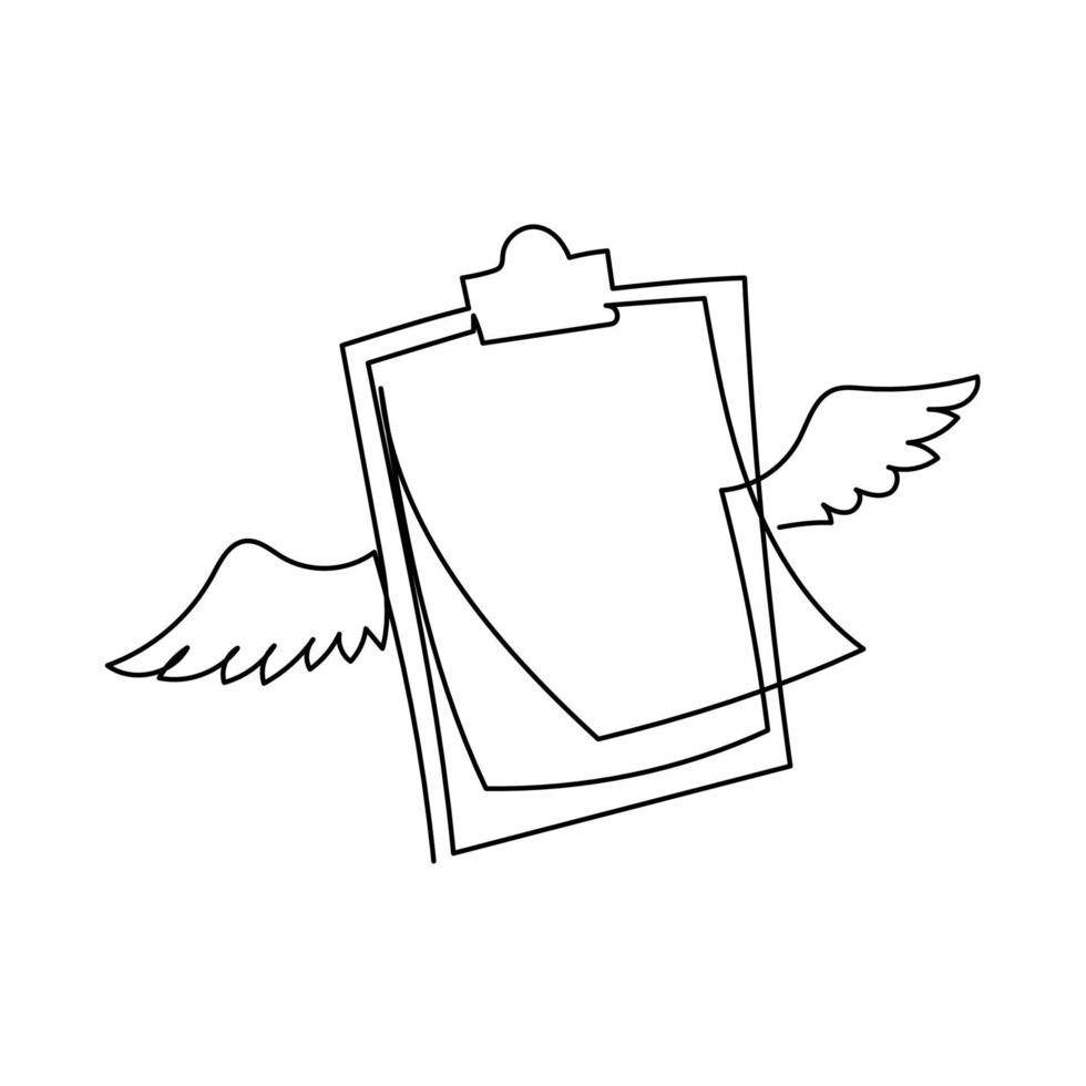 Single continuous line drawing flying clipboard with wings. Filling control list on notepad. Concept of survey, quiz, to-do list or agreement. Modern one line draw graphic design vector illustration
