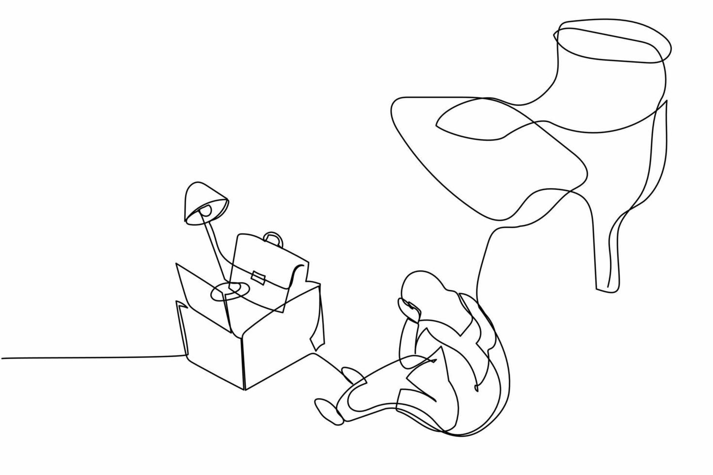 Continuous one line drawing young Arab businesswoman sitting on floor near office supplies under big foot stomp. Jobless, worker reduction metaphor. Single line draw design vector graphic illustration
