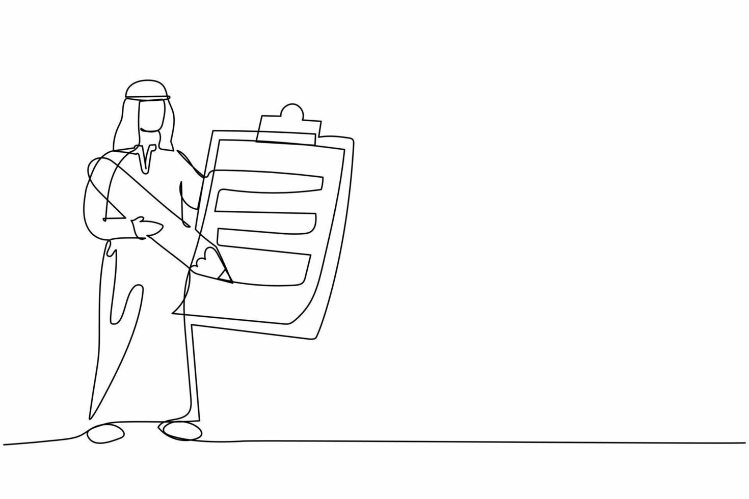 Single one line drawing Arab businessman standing and holding clipboard with checklist. Business success completed plan. Fulfilled tasks. Completed job. Continuous line draw design vector illustration