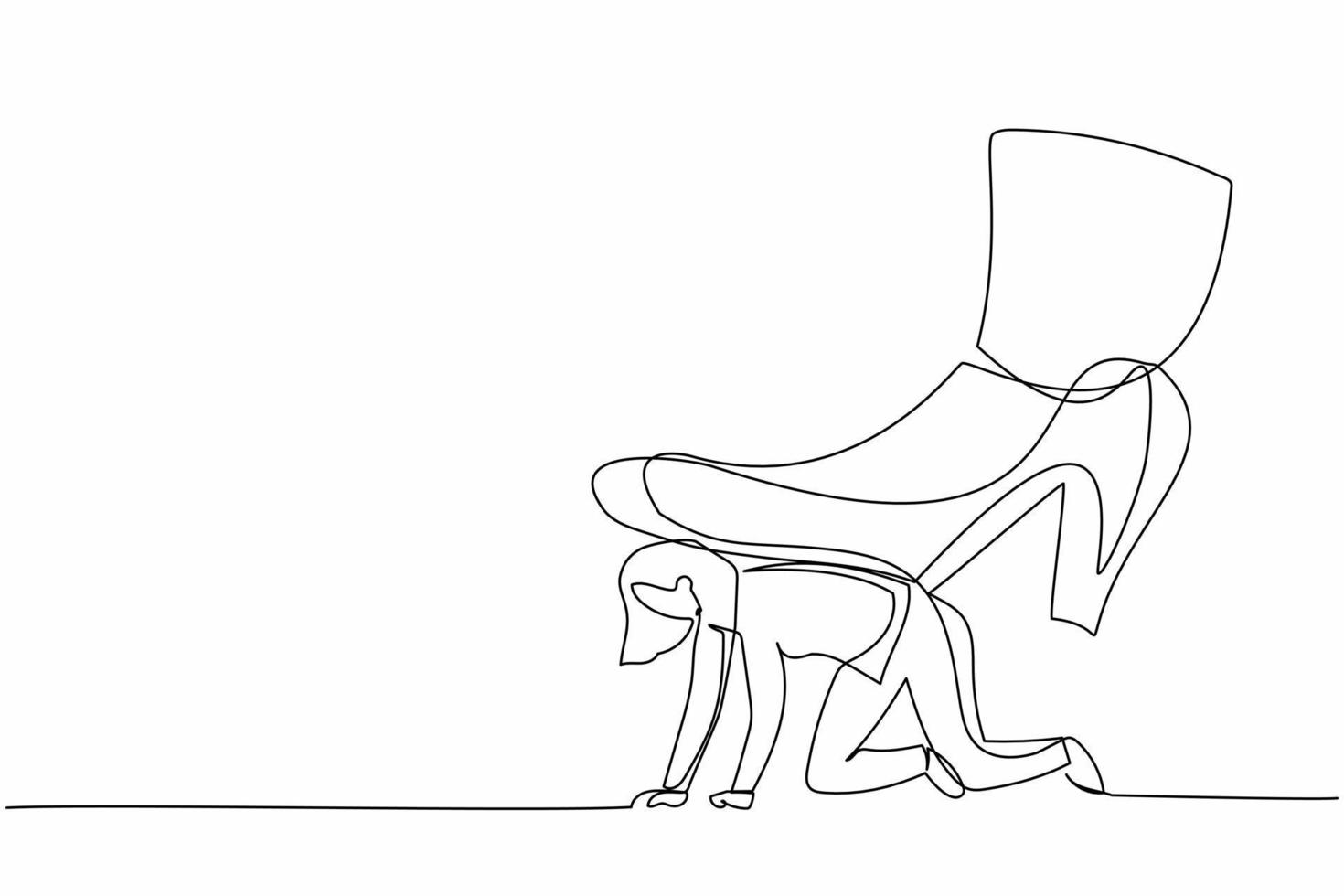 Single continuous line drawing businesswoman crawling under giant foot trample. Female employee oppressed by the boss with under big shoe. Minimalist metaphor. One line draw design vector illustration
