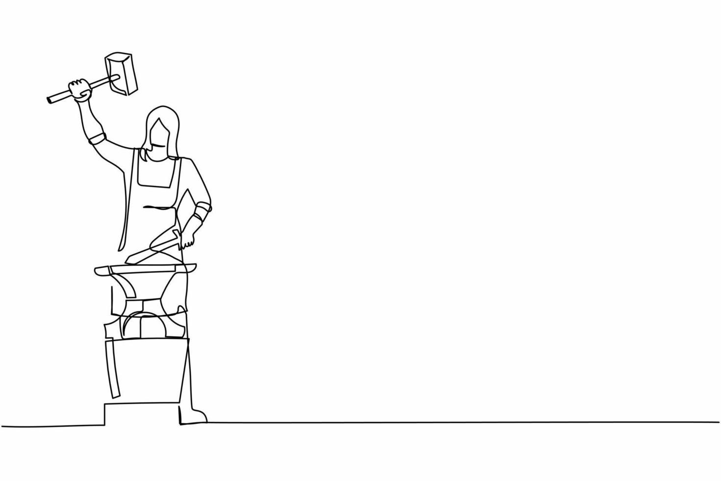 Single one line drawing female blacksmith wearing apron forges small sword on the anvil. Craftswoman standing working with hot iron at workshop. Continuous line draw design graphic vector illustration