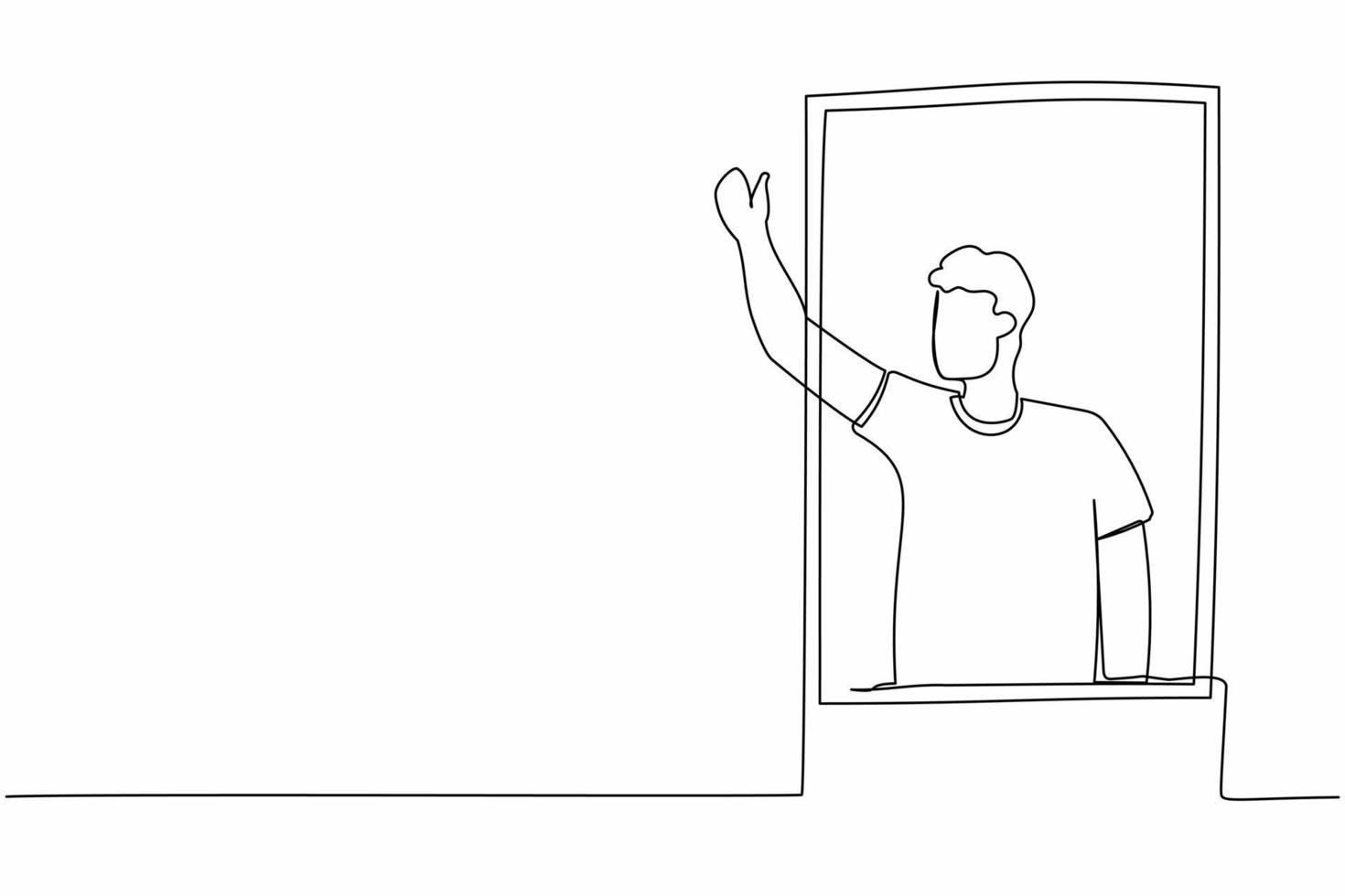 Single continuous line drawing young male waving at window as look like to greet or invite people to come in. Man looking out from apartment from windowsill. One line draw design vector illustration