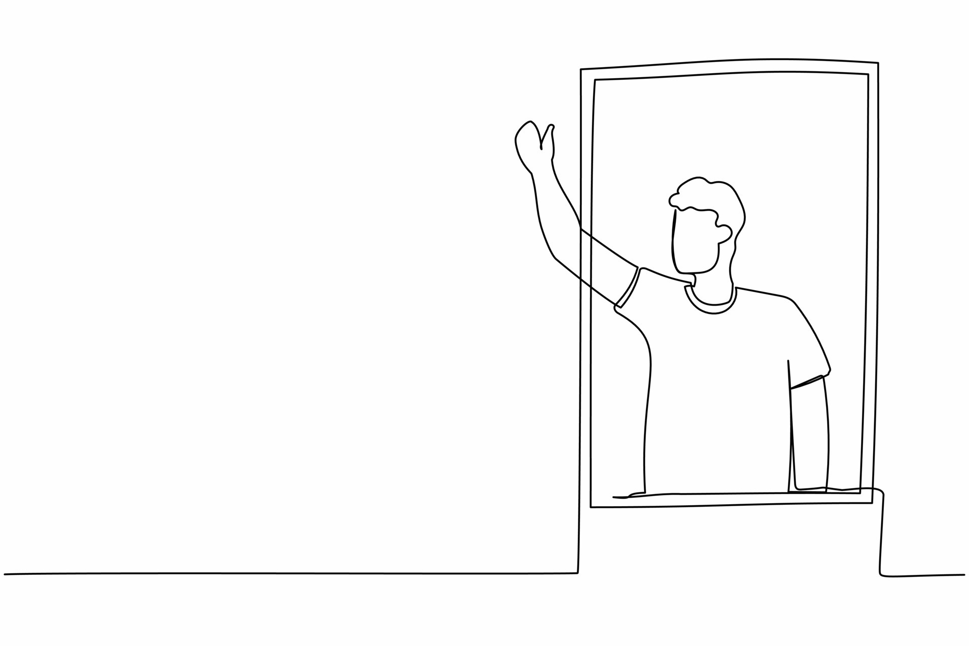 Dibujo de una sola l nea continua joven saludando en la ventana como si