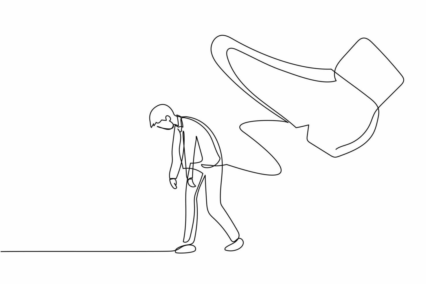 Single one line drawing young businessman going away with huge boot shoe kicking him out. Office worker being fired and kicked out concept. Minimal metaphor. Continuous line design vector illustration