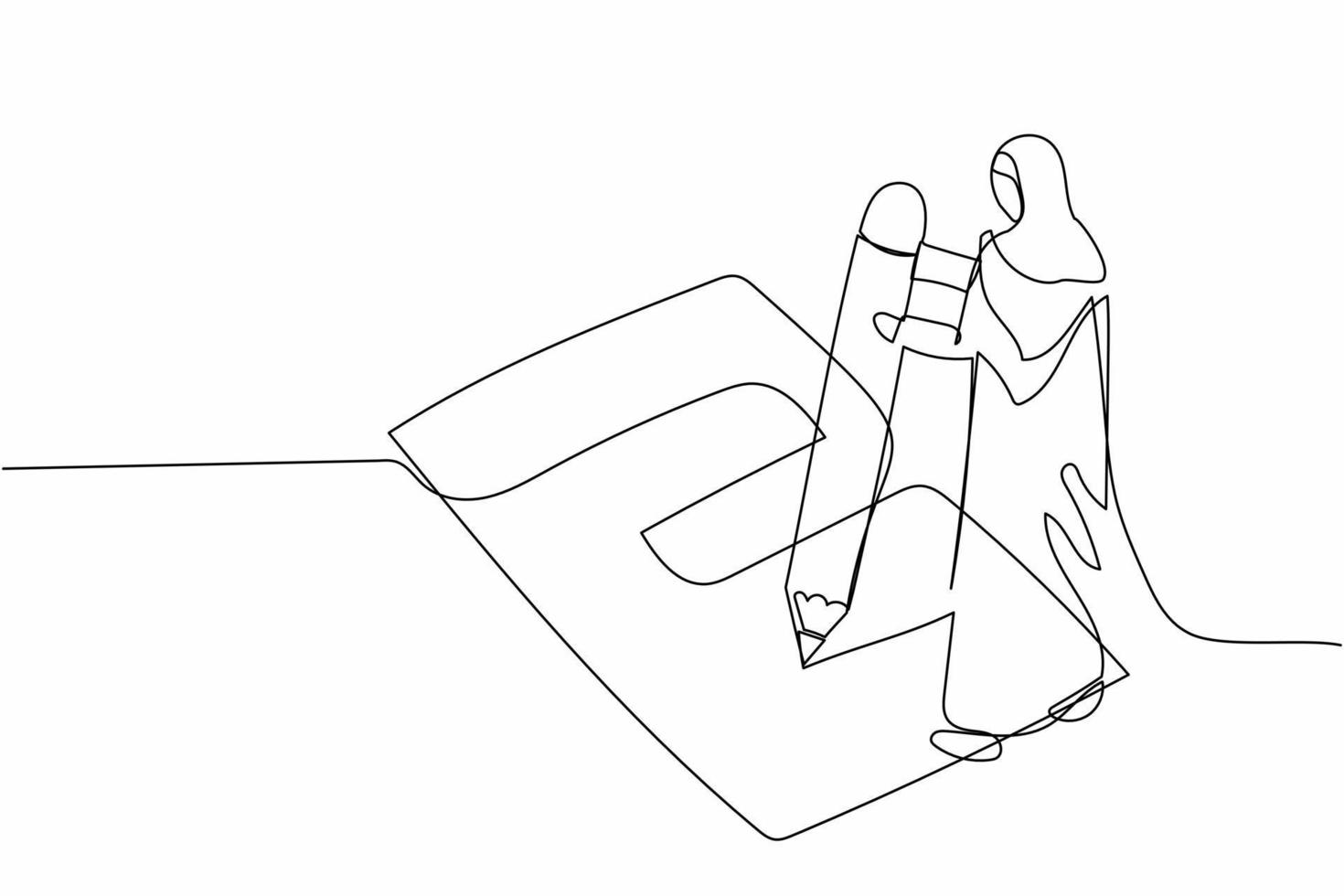 Single continuous line drawing Arab businesswoman writing survey form on the floor. Female manager filled out checklist on clipboard with giant pencil. One line draw graphic design vector illustration
