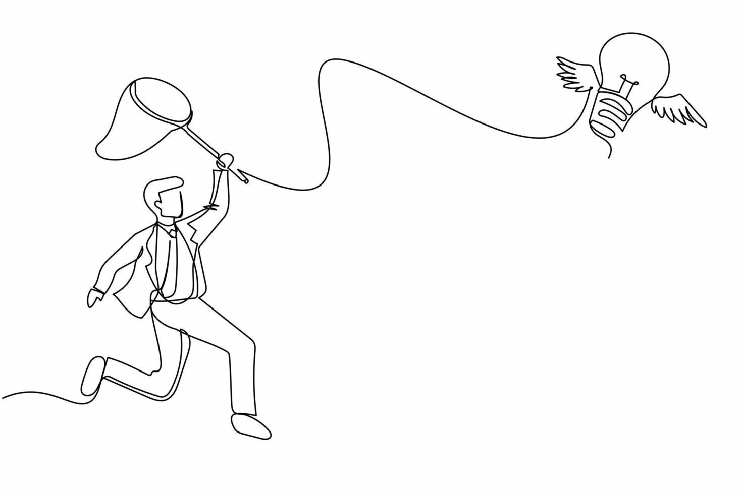 Continuous one line drawing businessman try to catching flying light bulb with butterfly net. Searching inspiration, creative idea. Business metaphor. Single line design vector graphic illustration