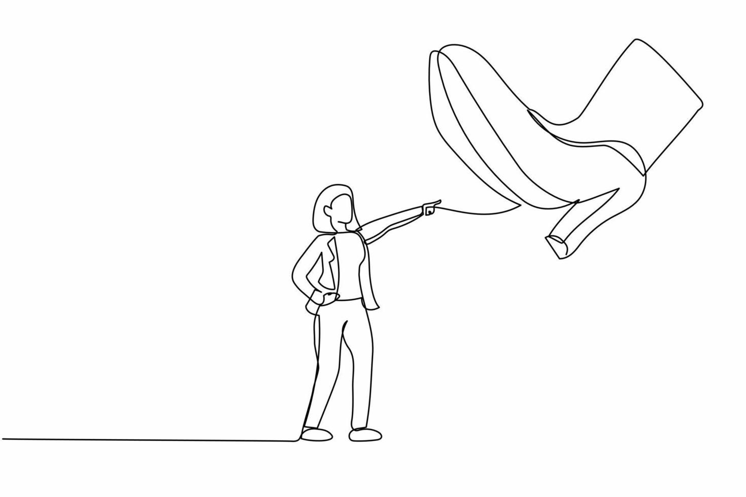 dibujo de una sola línea continua mujer de negocios activa frente a zapatos gigantes pisando fuerte. oficinista apuntando contra un paso de pie gigante. metáfora del minimalismo. ilustración de vector de diseño de dibujo de una línea