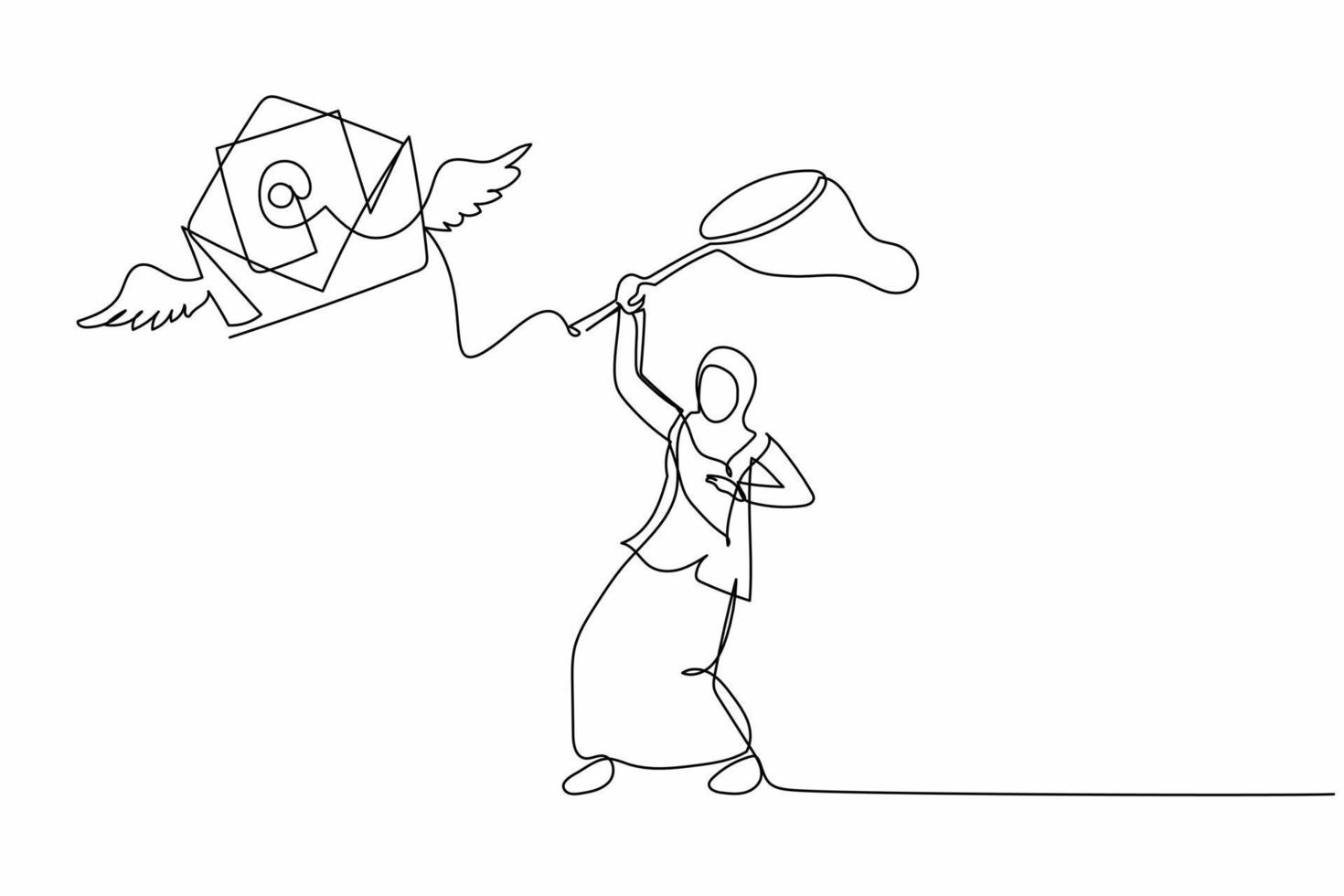 una sola línea de dibujo de una mujer de negocios árabe intenta atrapar el correo volador con una red de mariposas. Carta de sobres de envío faltantes de una entrevista de trabajo. ilustración de vector gráfico de diseño de dibujo de línea continua
