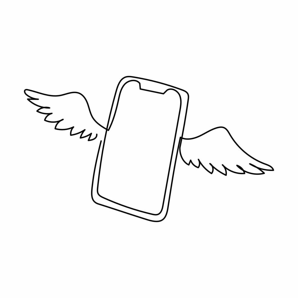 Single one line drawing flying smartphone with wings. Winged cellphone with touch screen flying with wings isolated on white background. Modern continuous line draw design graphic vector illustration